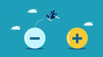 a woman is jumping over a large egg with a plus sign on it vector