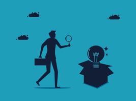 businessman with briefcase and magnifying glass looking at a light bulb vector