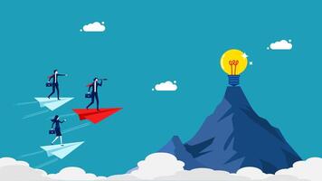 business people flying on paper airplanes with light bulb on top of mountain vector