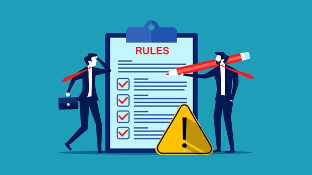 two businessmen are looking at a checklist with rules on it vector