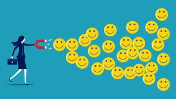 a woman is holding a red key and smiling at a group of smiley faces vector