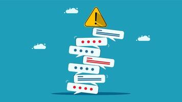 a stack of speech bubbles with a caution sign on top vector