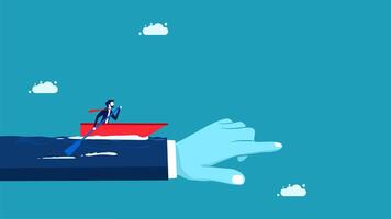 a hand pointing to a boat with a man on it vector