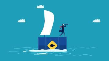 a man standing on a boat with a sail vector