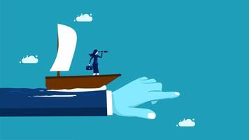 a hand pointing to a boat with a man on it vector