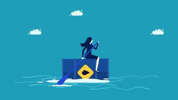 a woman is standing on top of a boat with a paddle vector