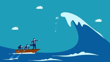 businessman on boat in ocean with wave vector
