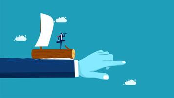 a hand pointing to a boat with a man on it vector