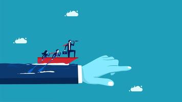 a hand pointing to a boat with people on it vector