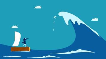 a man is standing on a boat in front of a large wave vector