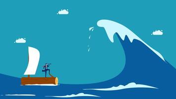 a man on a boat in the ocean with a wave coming towards him vector