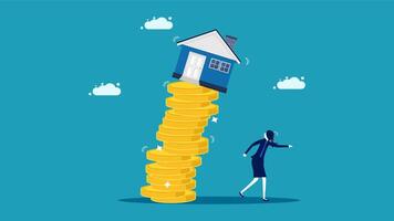 a woman is walking towards a stack of coins with a house on top vector