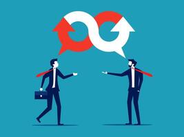 two businessmen talking with arrows pointing to each other vector