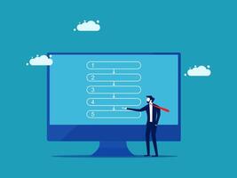 businessman pointing to a computer screen with a list of tasks vector