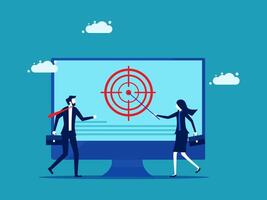 business people standing in front of a computer screen with a target on it vector