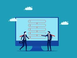 businessman and woman standing in front of a computer screen with a line of numbers vector