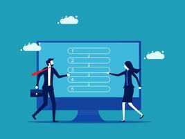 business people standing in front of a computer screen with a list of tasks vector