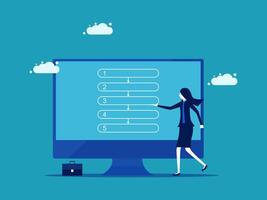 businesswoman standing in front of a computer screen with a list of tasks vector