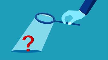 hand holding a magnifying glass and looking at a question mark vector