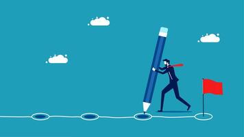 businessman with a pencil and red flag on a line vector