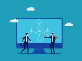 businessman and woman working on a computer screen with a diagram vector