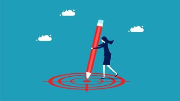 a woman is holding a large red pencil in front of a target vector