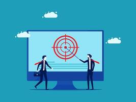 businessman and woman standing in front of a computer screen with a target on it vector