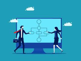 business people working on a computer screen with a diagram vector