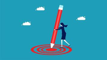 a woman is holding a large red pencil in front of a target vector