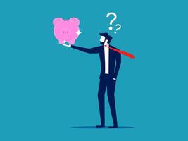 businessman holding a piggy bank with question marks vector