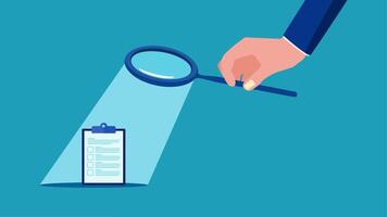 hand holding a magnifying glass over a checklist and a paper document vector