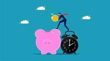 businessman pushing a piggy bank with a clock on top vector