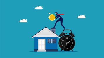 man is standing on top of a house with a clock and a gold coin vector