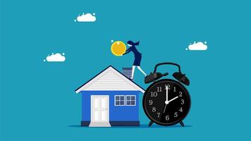 a woman is standing on top of a house with a clock and a gold coin vector