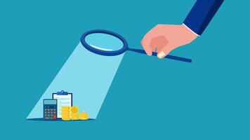 hand holding magnifying glass and looking at a building with coins vector