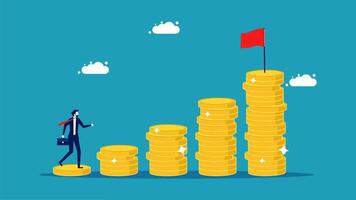 man climbing up a stack of coins with a red flag vector