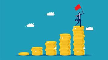 businessman standing on top of stacks of coins with red flag vector