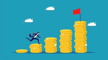 businessman climbing up a stack of coins with a red flag vector