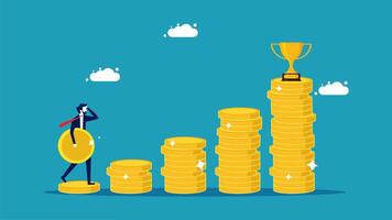 businessman standing on top of stacks of coins with a trophy vector