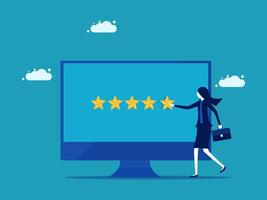 a woman is standing in front of a computer screen with five stars vector
