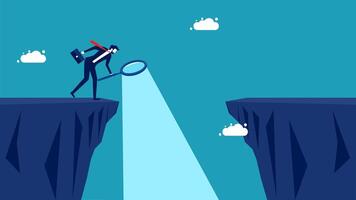 businessman with a magnifying glass looking for a way to the top of a cliff vector