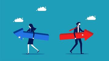 two business people walking with arrows pointing in opposite directions vector