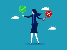 business woman holding two different signs, one with a tick and one with a cross vector
