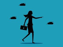 businesswoman walking with briefcase and clouds in the background vector