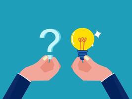 two hands holding up a light bulb with a question mark vector