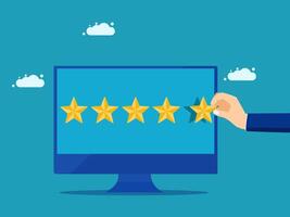 a hand is holding a five star rating on a computer screen vector