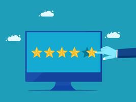 a hand is holding a five star rating on a computer screen vector