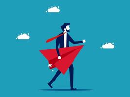 businessman with red paper plane in hand, running away from the clouds vector