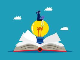 a woman sitting on top of an open book with an idea bulb vector