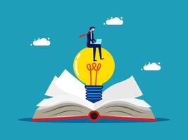 man sitting on top of an open book with an idea bulb vector